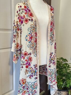 Boho Floral Open-Front Kimono - Cream with Multi-Color Print